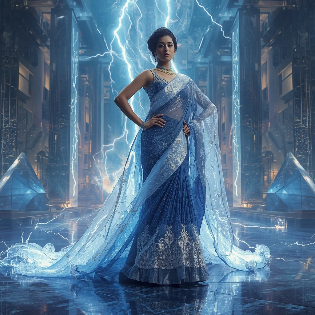 Crystal Storm Pyramid Saree with Floating Thunder Monument Empire | Prompt For Girls College
