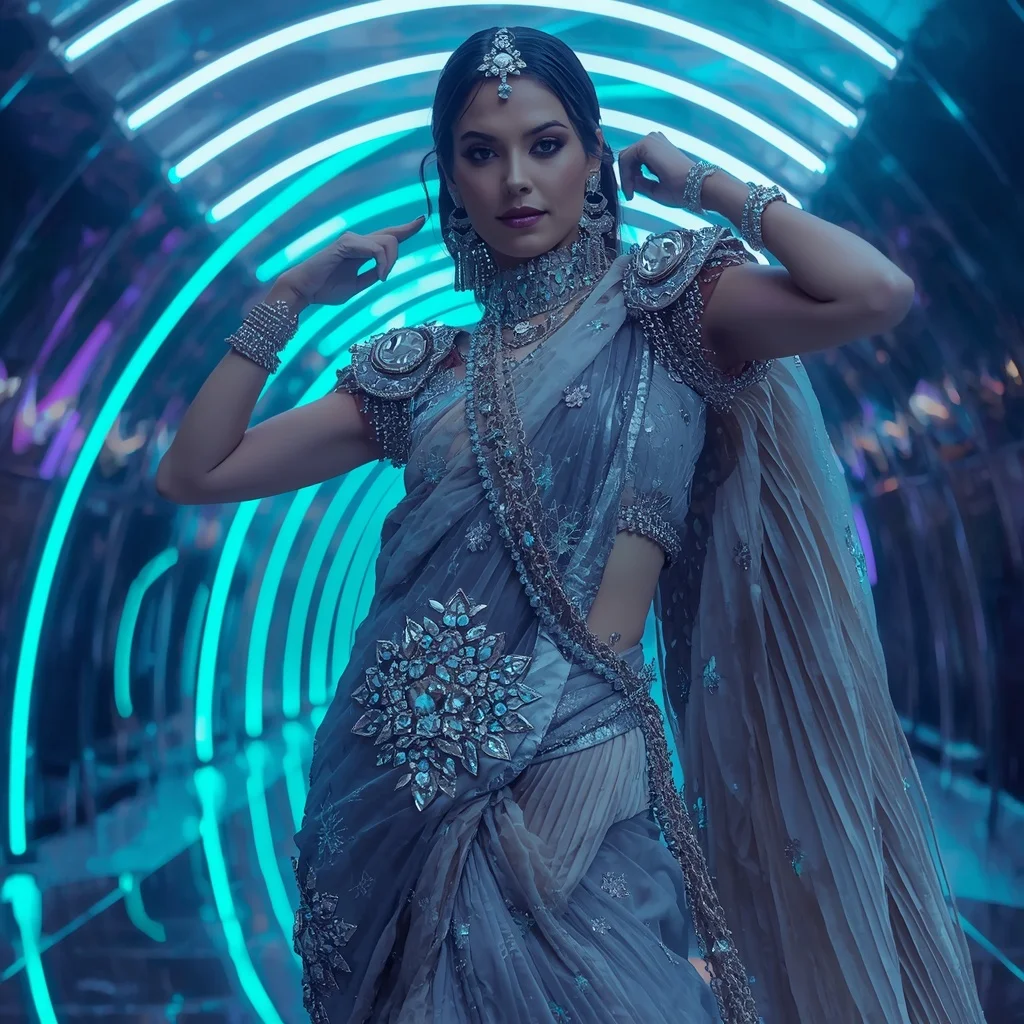 Crystal Storm Royale Saree with Infinity Ribbon Reflection Chamber | Lighting Ai Prompt