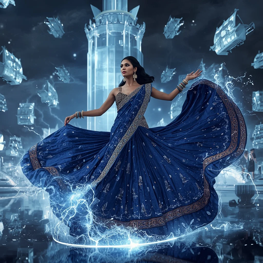 Crystal Storm Ship Saree with Floating Thunder Ocean Realm | Stable Diffusion Prompt