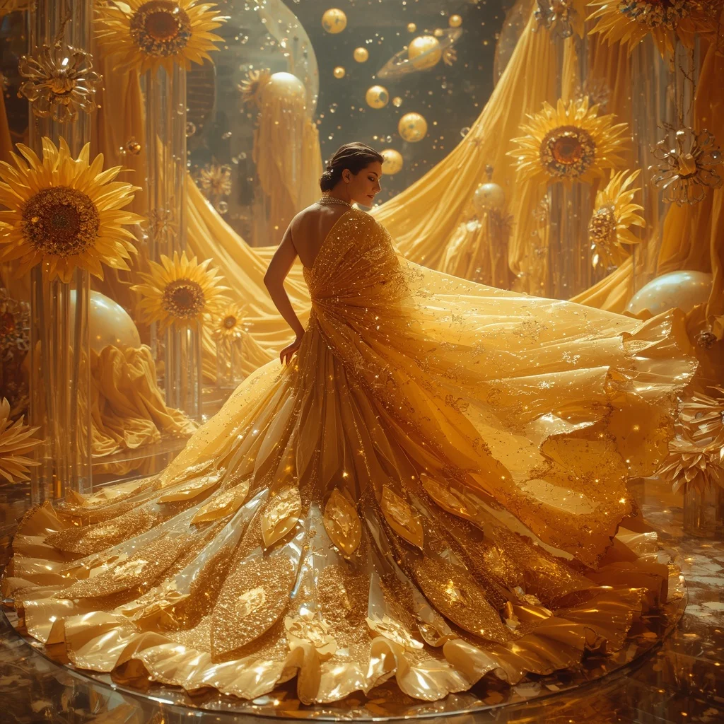 Crystal Sunflower Galaxy Saree with Floating Solar Bloom Kingdom | Happy Ai Prompt