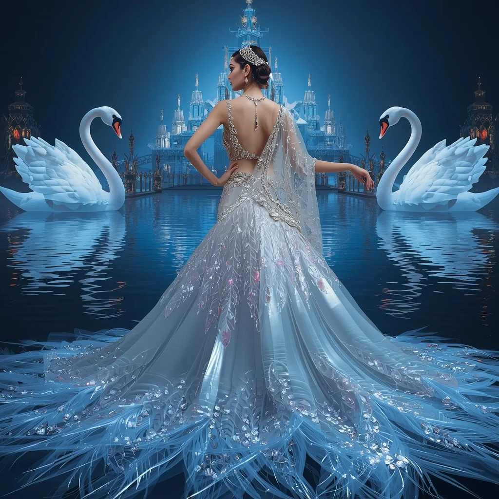 Crystal Swan Lake Saree with Floating Water Palace Universe | Saree Prompt Seen
