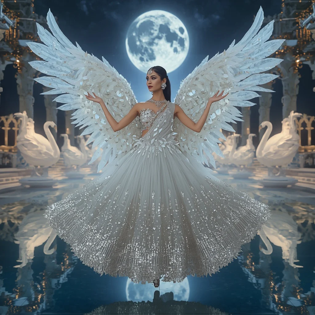 Crystal Swan Palace Saree with Floating Moon Reflection Empire | Korean Ai Prompt