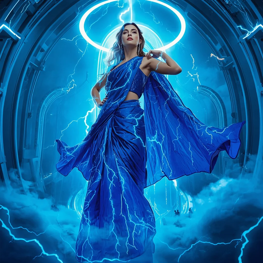 Crystal Thunder Silk Saree with Electric Sky Palace | Prompt For Traditional Look For Girl