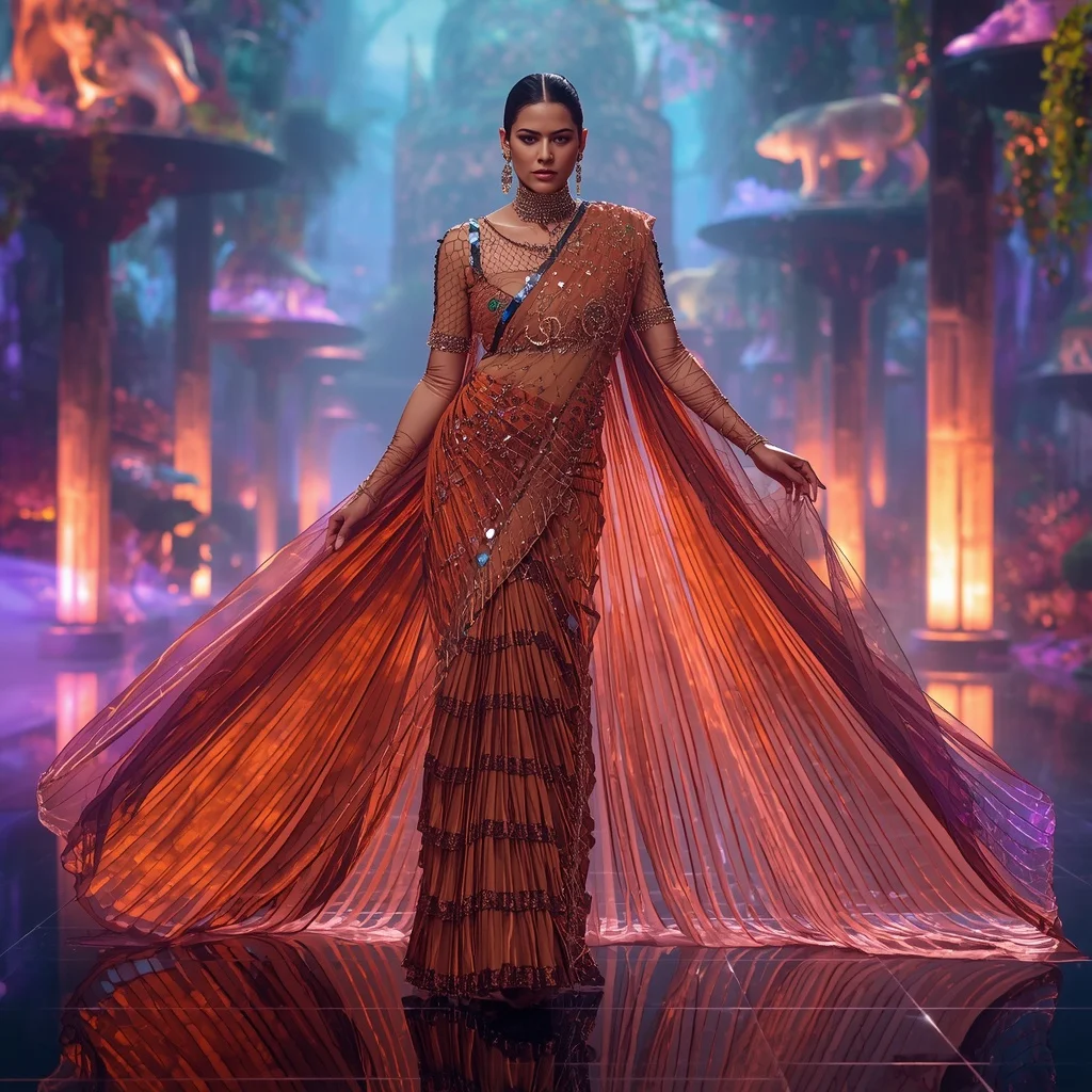 Crystal Tiger Galaxy Saree with Floating Neon Jungle Empire | Prompt AI For Girl