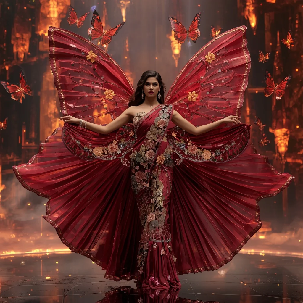 Crystal Volcano Butterfly Saree with Fire Bloom Megaverse Kingdom | Ai Portrait Prompt