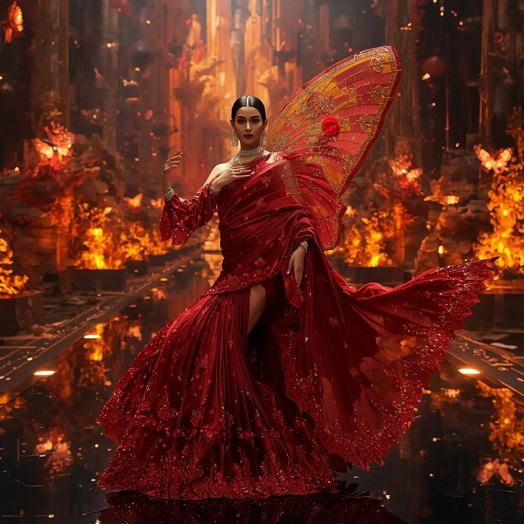 Crystal Volcano Butterfly Saree with Floating Fire Garden Realm | ChatGPT Photo Editing Prompts For Girl