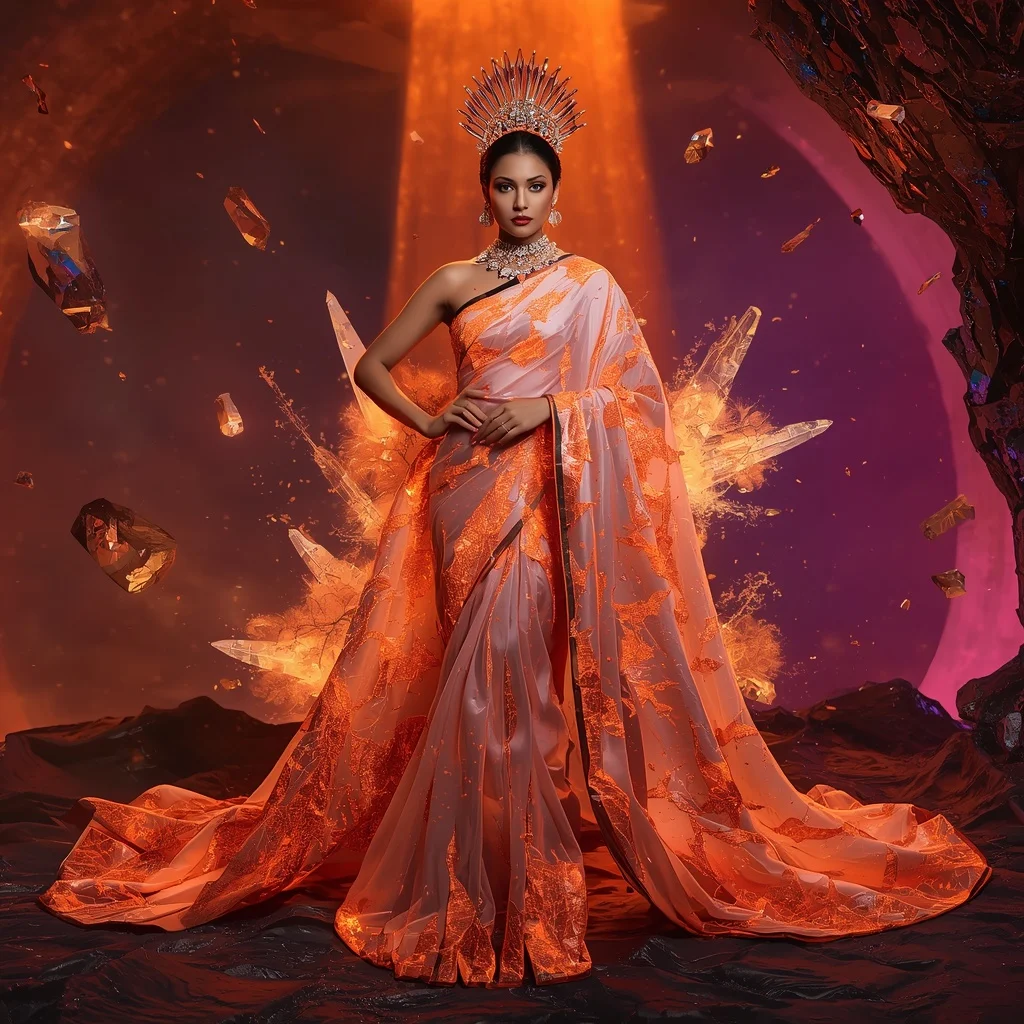 Crystal Volcano Queen Saree with Lava Prism Core | Festival Prompt