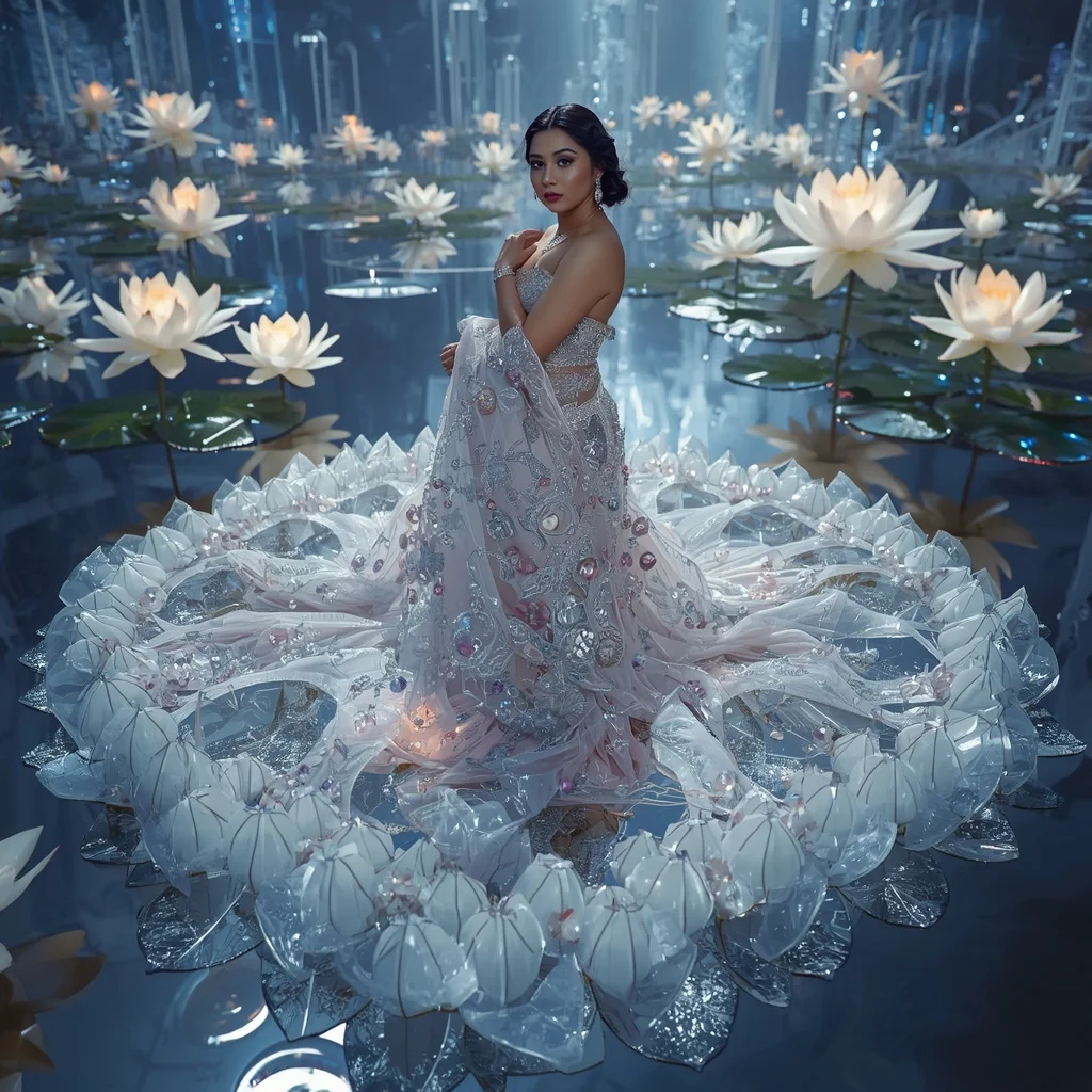 Crystal Water Lily Saree with Floating Mirror Lake Paradise | Gemini Ai Prompt