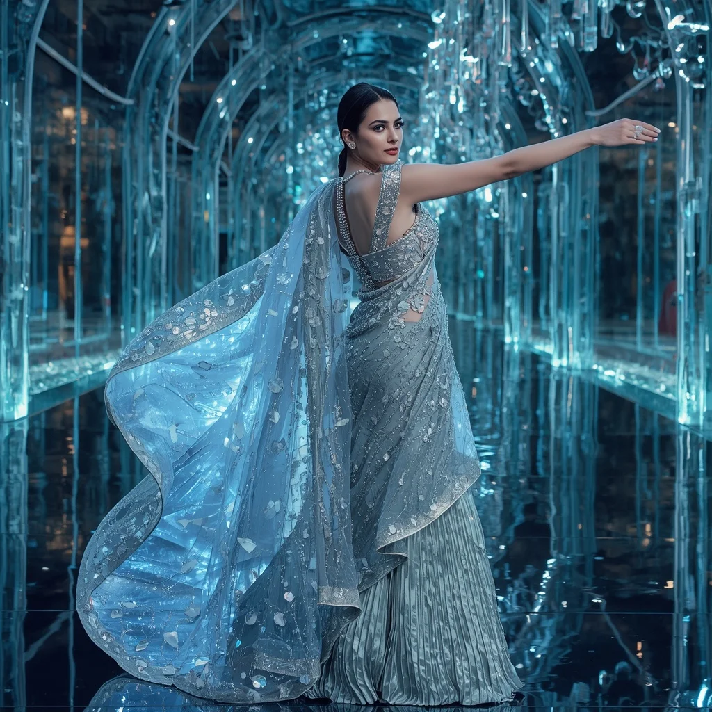 Crystal Water Tunnel Saree with Floating Aqua Light Universe | Prompt For Traditional Look On Instagram