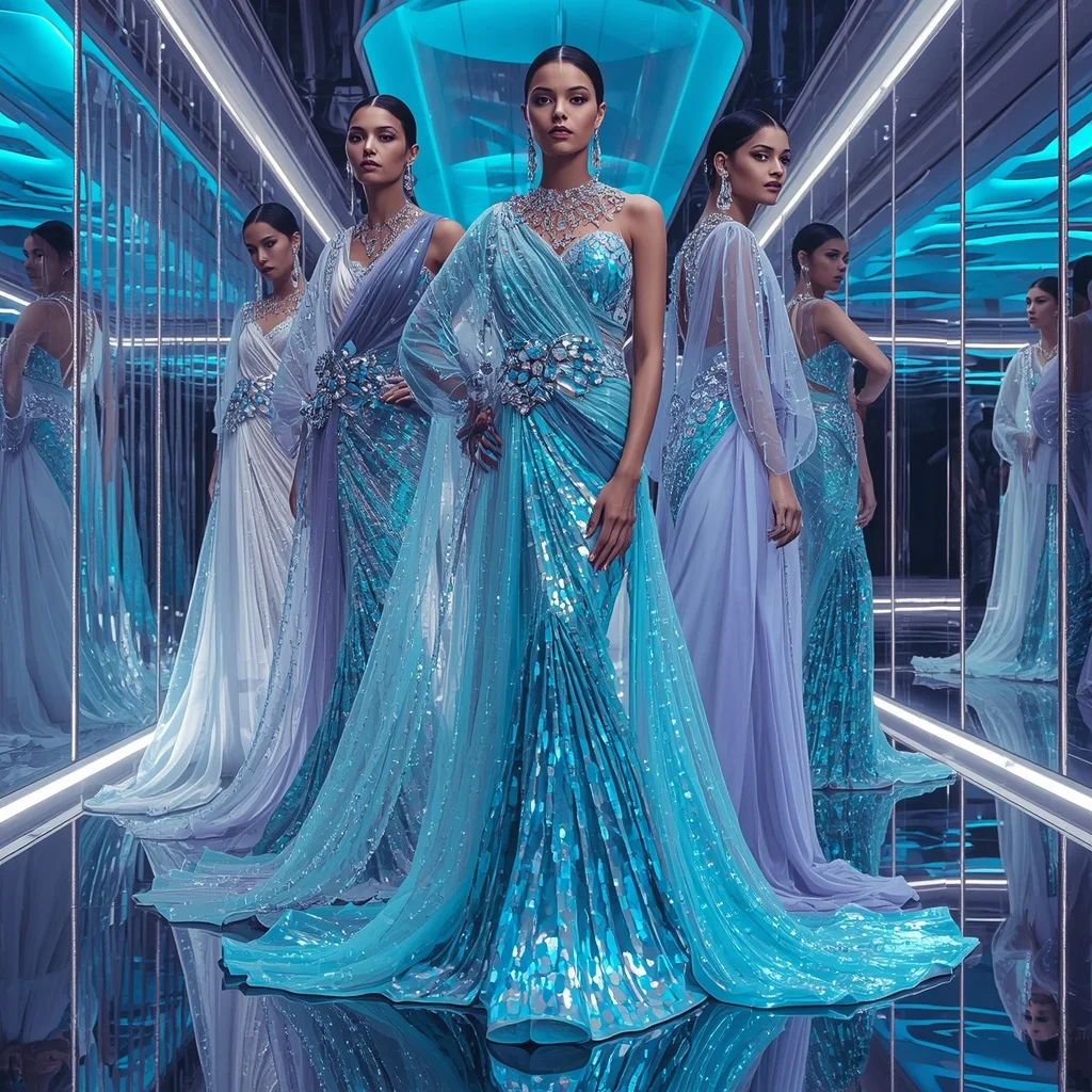 Crystal Waterfall Hypergoddess Saree with Cinematic Runway Poses and Neon Glass Megaverse | Aesthetic Ai Prompt