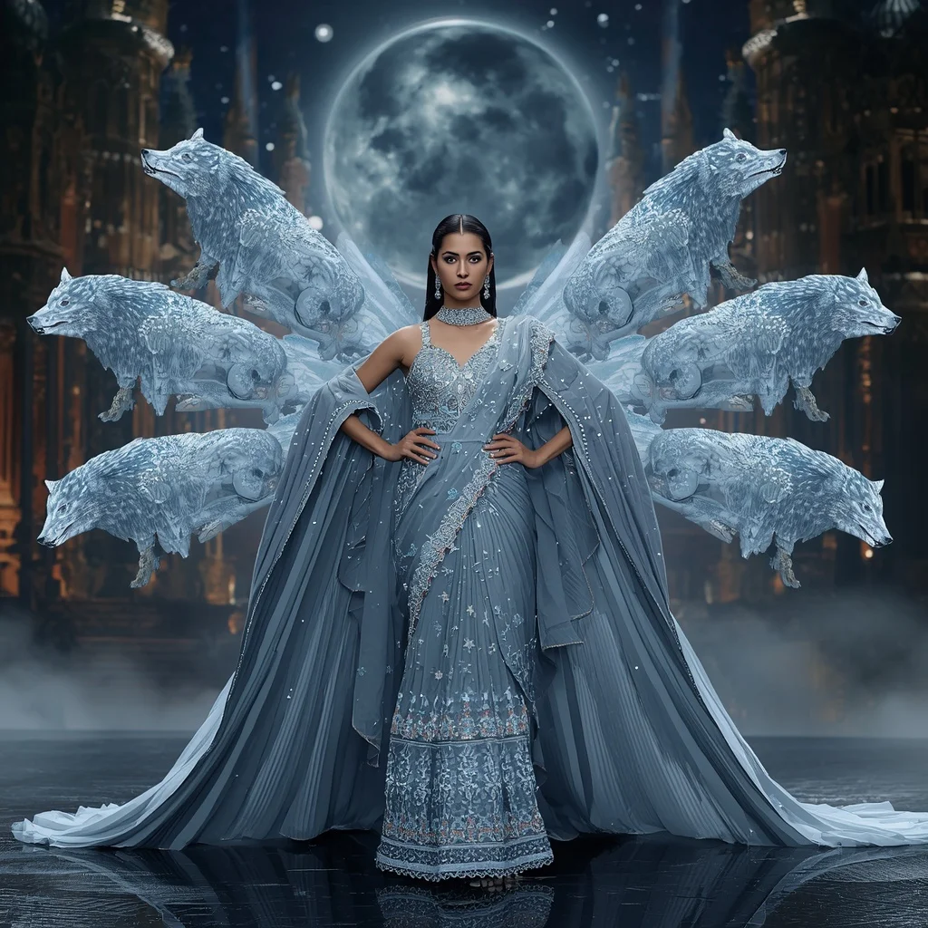 Crystal Wolf Moon Saree with Celestial Forest Fortress Kingdom | Anime Ai Prompt