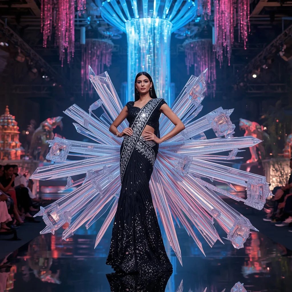 Crystal Zebra Prism Saree with Floating Neon Safari Universe | ChatGPT Photo Editing Prompts Trending Instagram For Girl