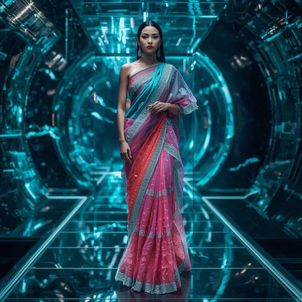 Cyber Coral Neural Net Saree with Deep Ocean Tech Rift | Prompt Gemini Ai