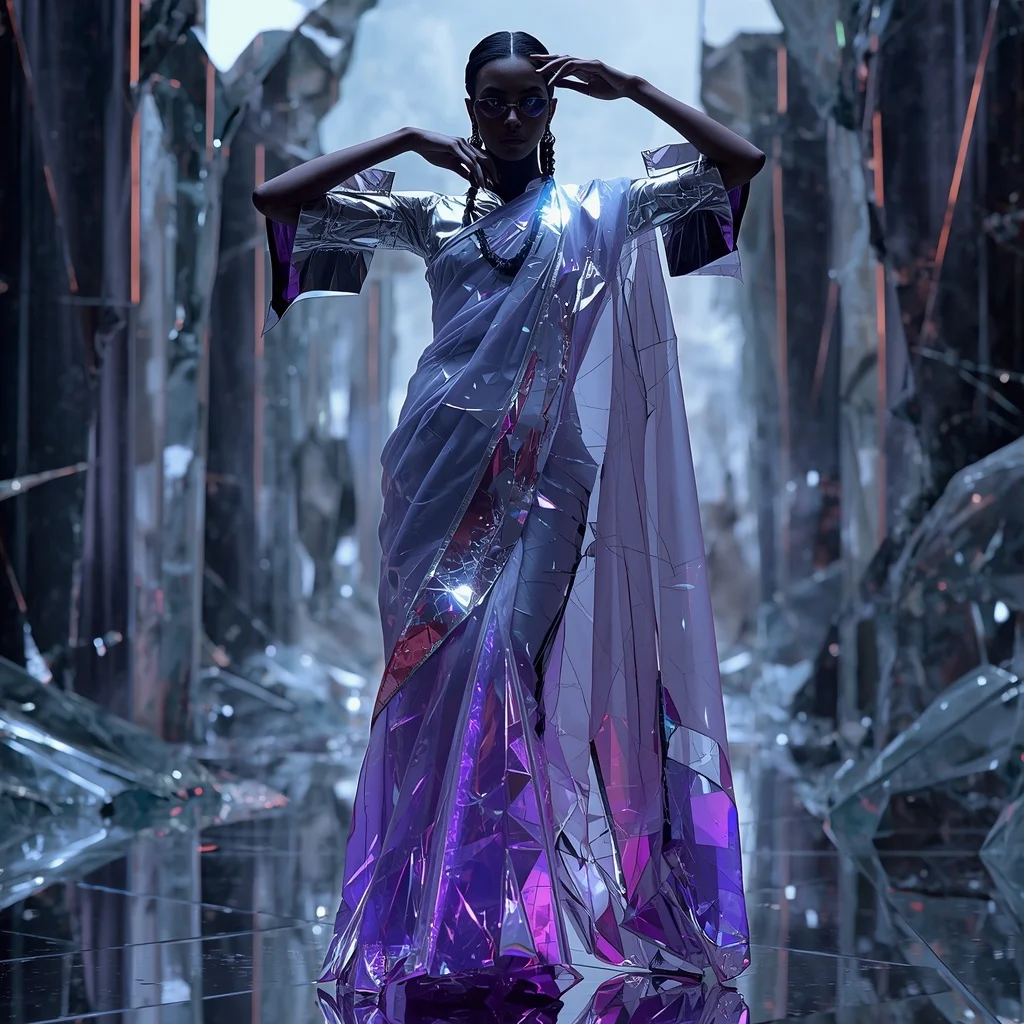 Cyber Glass Shard Saree with Fragmented Mirror Reality | Prompt Ai For Girl Aesthetic