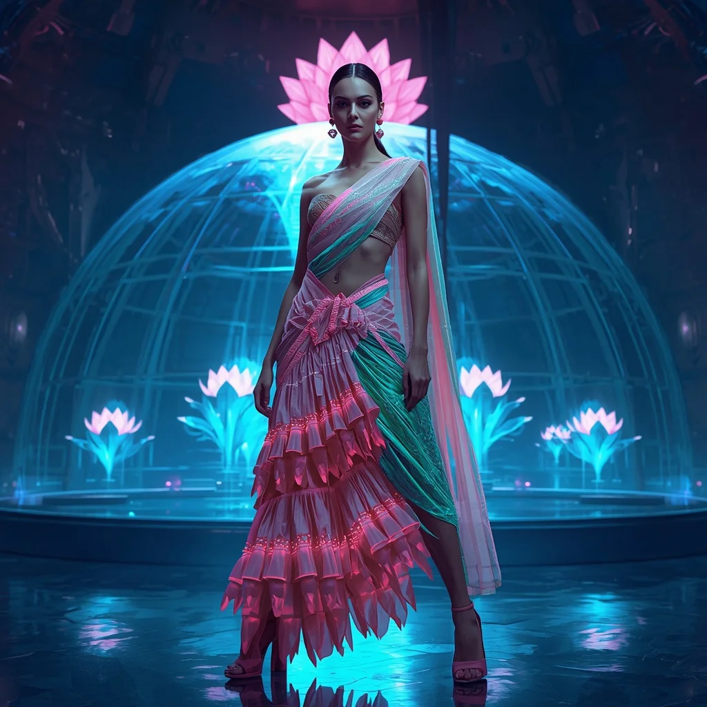 Cyber Lotus Engine Saree with Neural Bloom Reactor Dome | Instagram Photography Ai Prompt