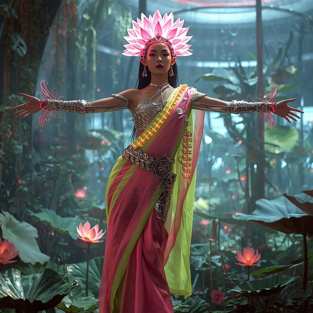 Cyber Lotus Spine Saree with Neon Biome Dome | Cinematic Ai Prompt