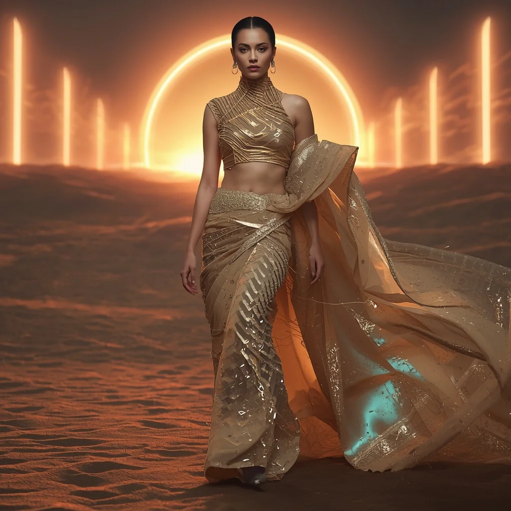 Cyber Sandstorm Armor Saree with Neon Desert Winds | Prompt Seen Girl Photo Editing Trending