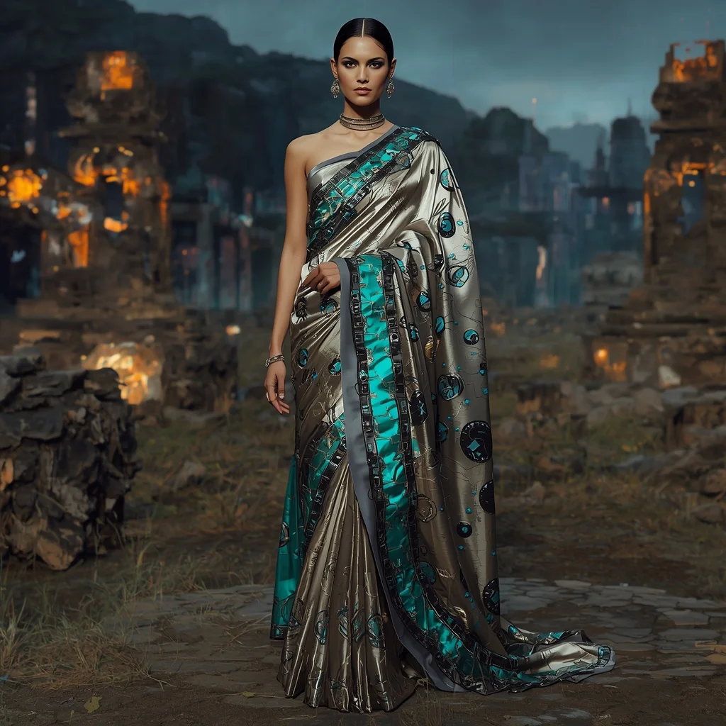 Cyber Silk Fossil Saree with Ancient Digital Ruin Field | Gemini AI Photo Prompt Copy Paste Trending Girl 2026
