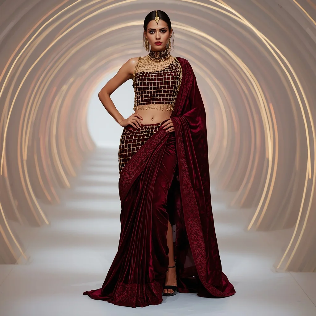 Deep Burgundy Velvet and Gold Cage Saree in Laser Tunnel | Anime Ai Prompt