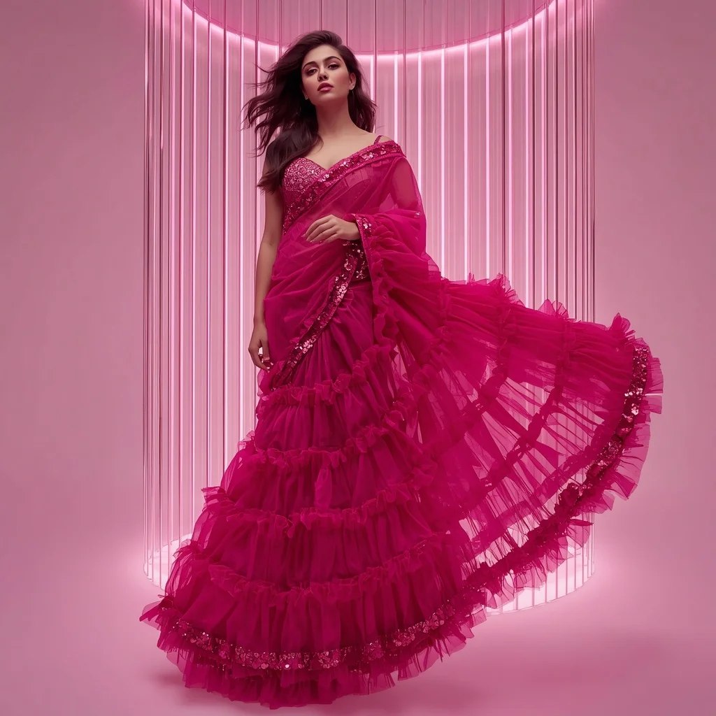 Deep Fuchsia Organza and Liquid Titanium Saree with Infinite Prism Cylinder | Prompt Generator