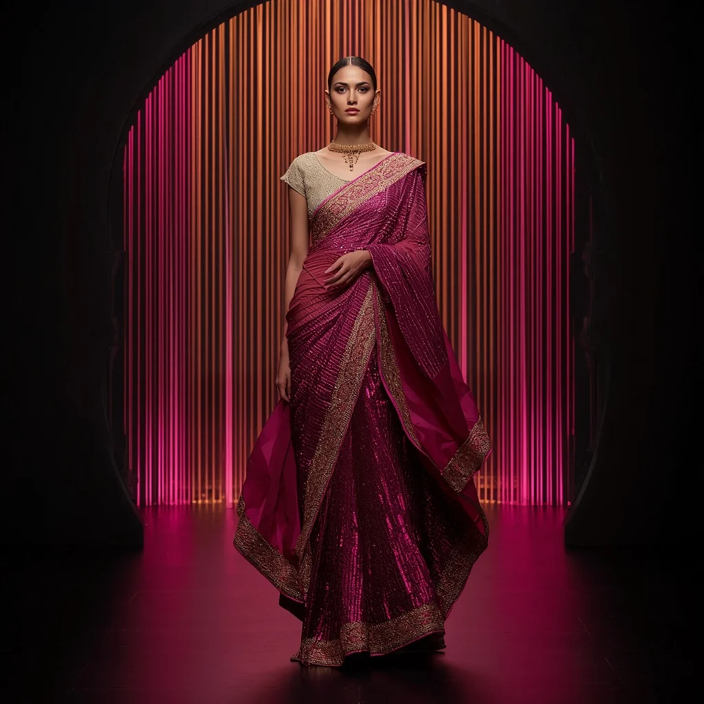 Deep Magenta and Gold Wire Saree with Digital Light Waterfall