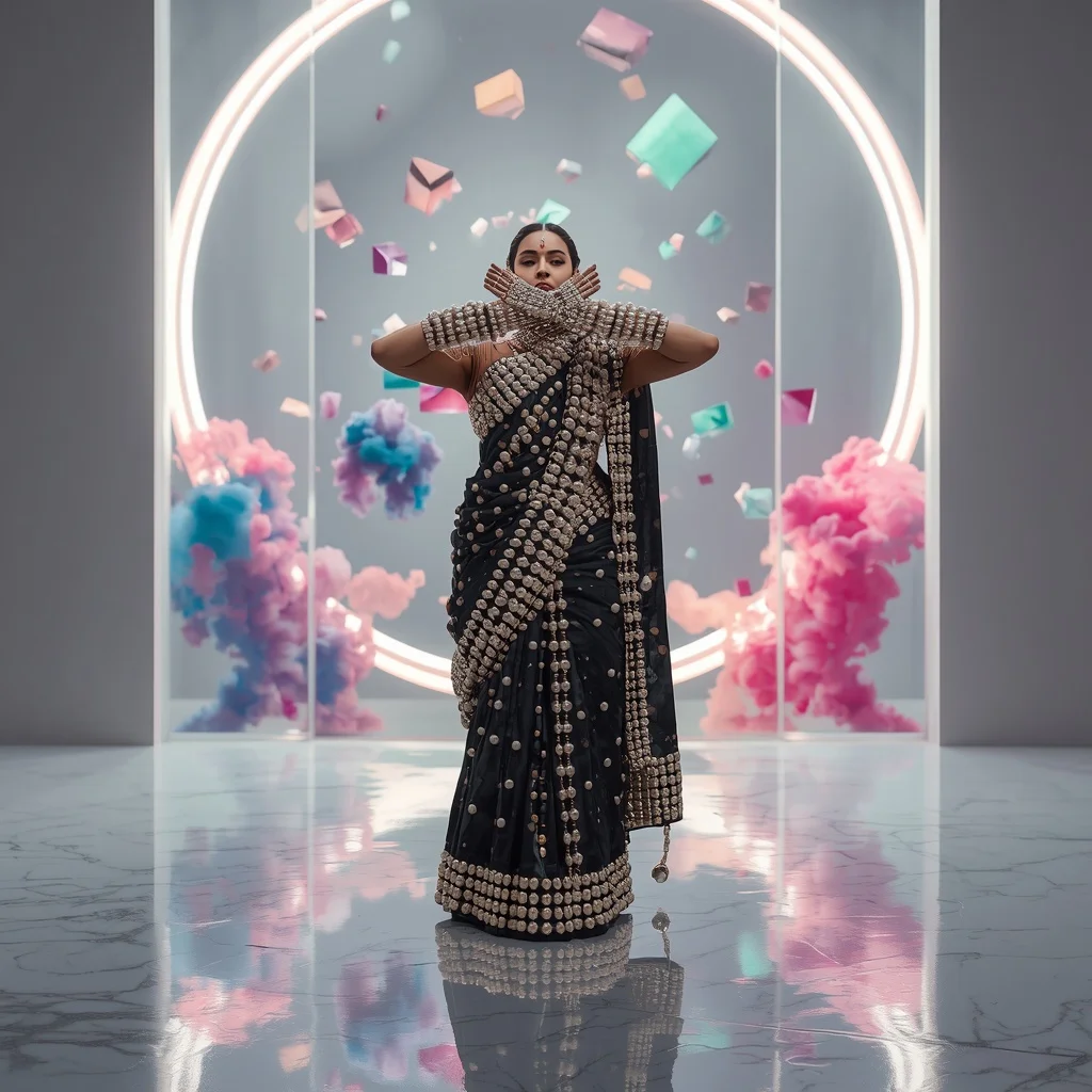 Deep Sea Pearl Armor Saree: Thousands of Pearls on Onyx Black | The Symmetrical Hands-Crossing Chest Pose | Realistic Ai Prompt