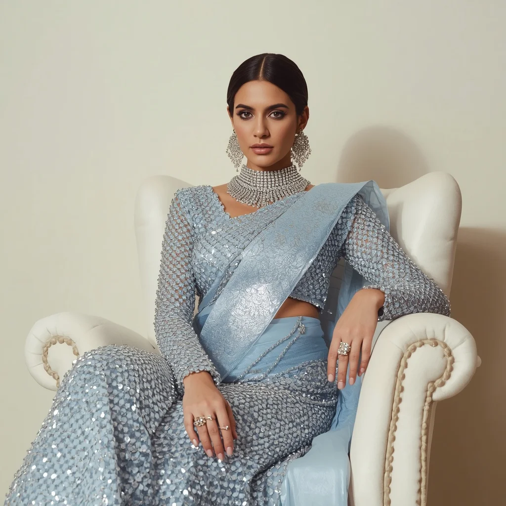 Dense Crystal Mesh & Sequin Armor Icy Blue Saree | Royal Sitting Pose High-Clarity | Prompt For Gemini Ai Girl Model Instagram