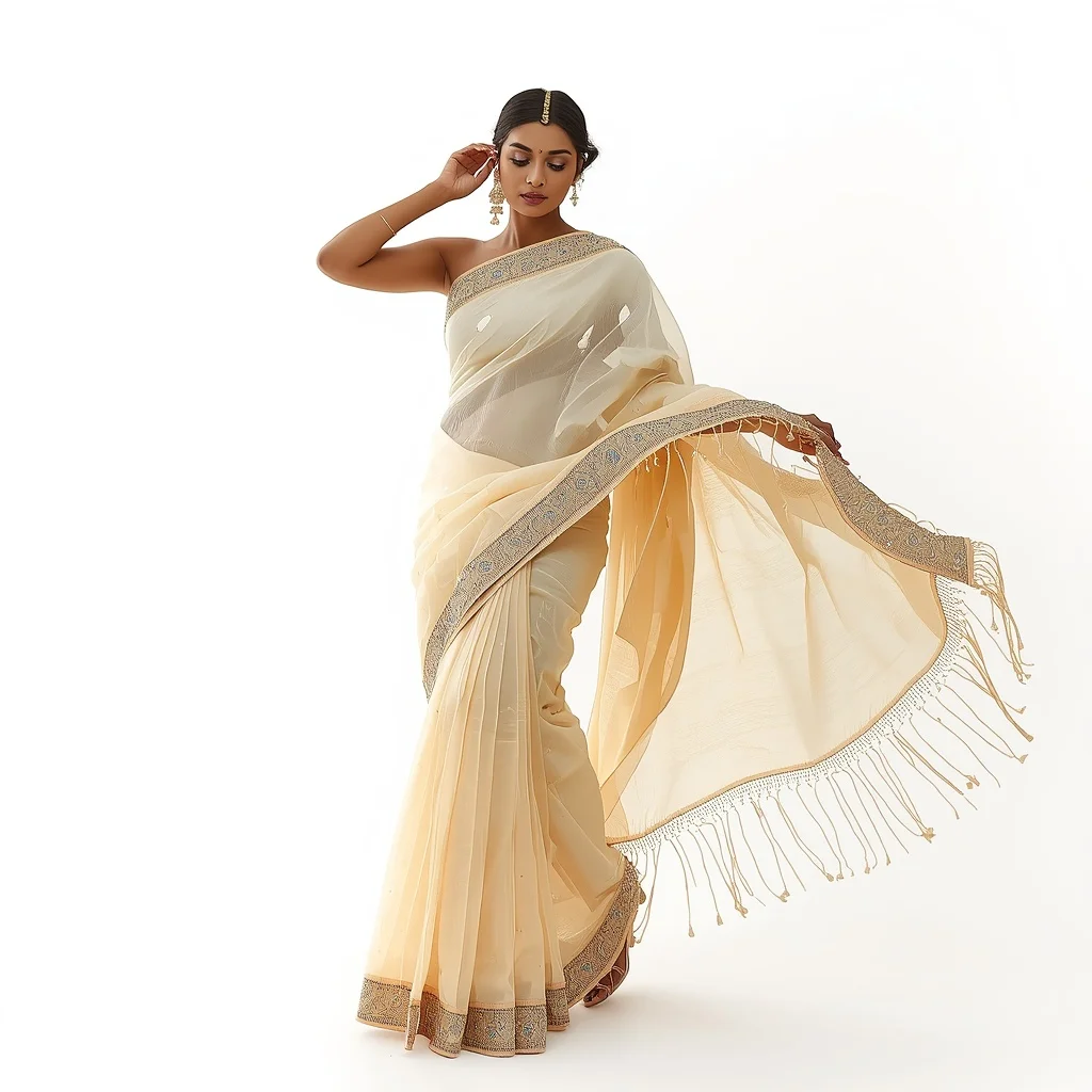 Dense Glass-Bead & Mirror Work Buttercream Saree | Candid Adjusting Earring Pose | Romantic Ai Prompt