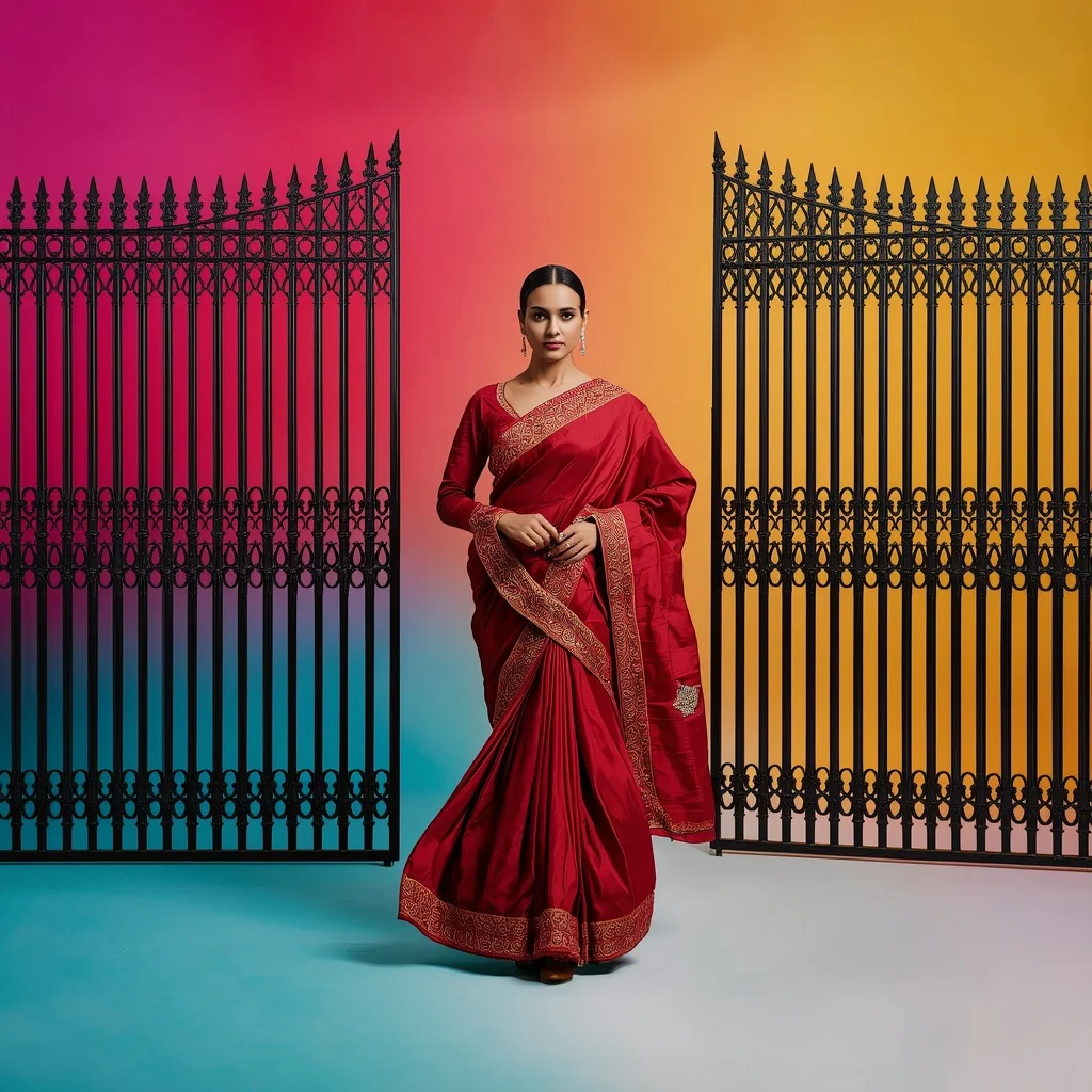 Dense Heavy Wrought Iron Fence Grid forming 3D Border Saree Walk | Instagram Profile Pic Ai Prompt