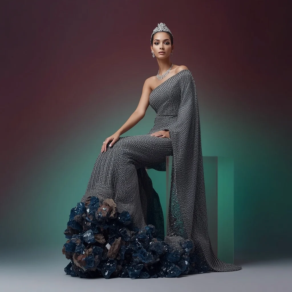 Dense Platinum Chainmail Saree with Raised Raw Sapphire Stalactite Clusters | Leonardo Ai Image Prompt