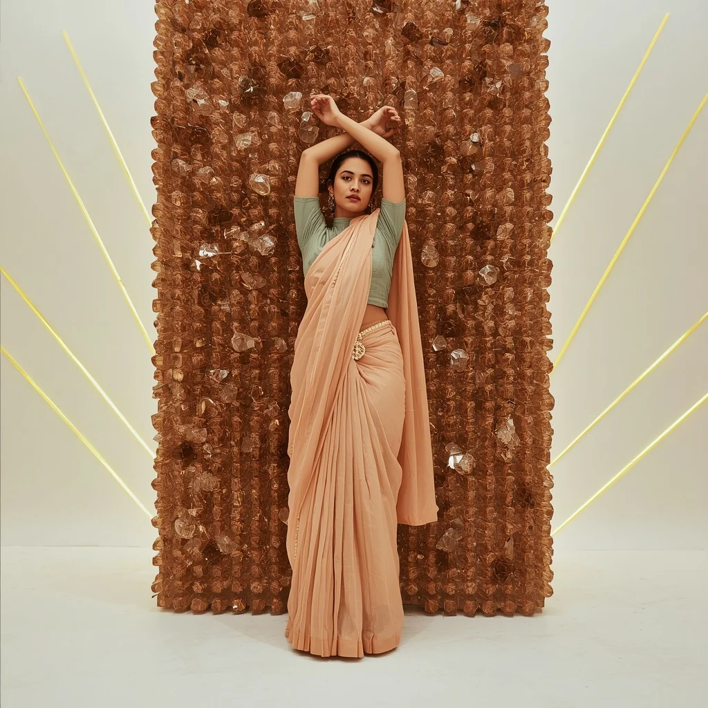 Dense Smoked Topaz Cube Wall & Thick Wrought Iron Sheet Armor Pastel Apricot Saree | Overhead Cross-Arm Canopy Pose | Instagram Highlight Cover Ai Prompt