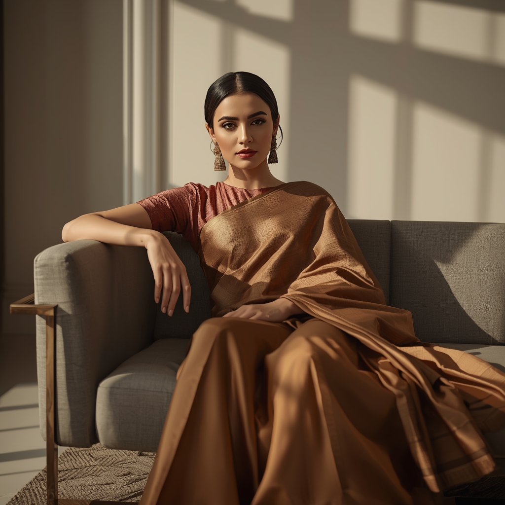 Designer Saree Sitting Sofa Pose with Luxury Calm Mood | Saree Look Ai Prompt Modern Style
