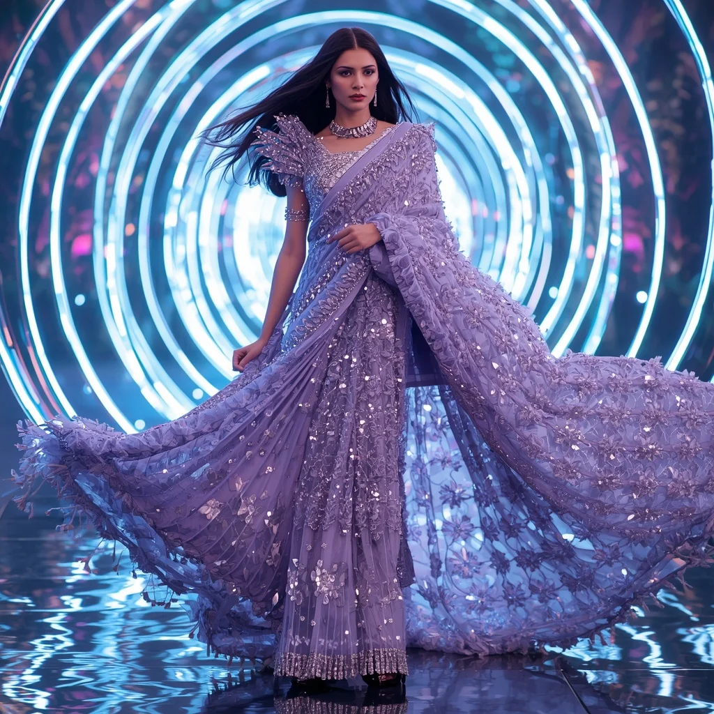 Diamond Aurora Crystal Saree with Holographic Spiral Infinity Kingdom | Prompt For Gemini AI Girl Model