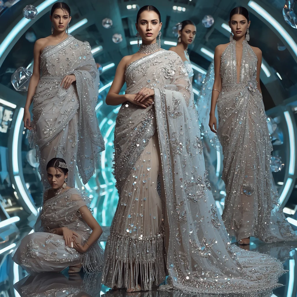 Diamond Aurora Empress Saree with Floating Crystal Galaxy Hall | Makeup Ai Prompt