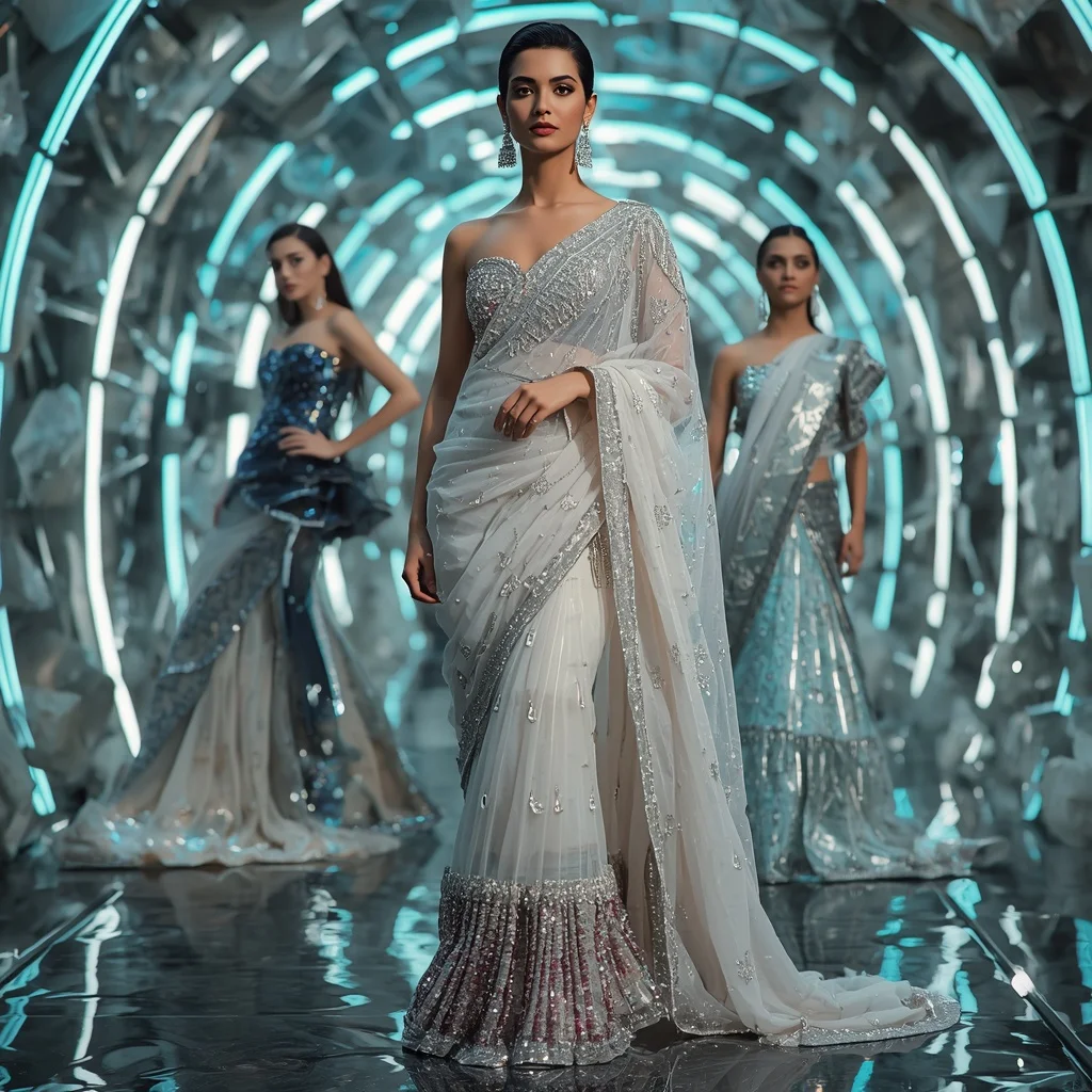 Diamond Aurora Empress Saree with Floating Crystal Infinity Corridors | Prompt Seen Girl Photo Editing