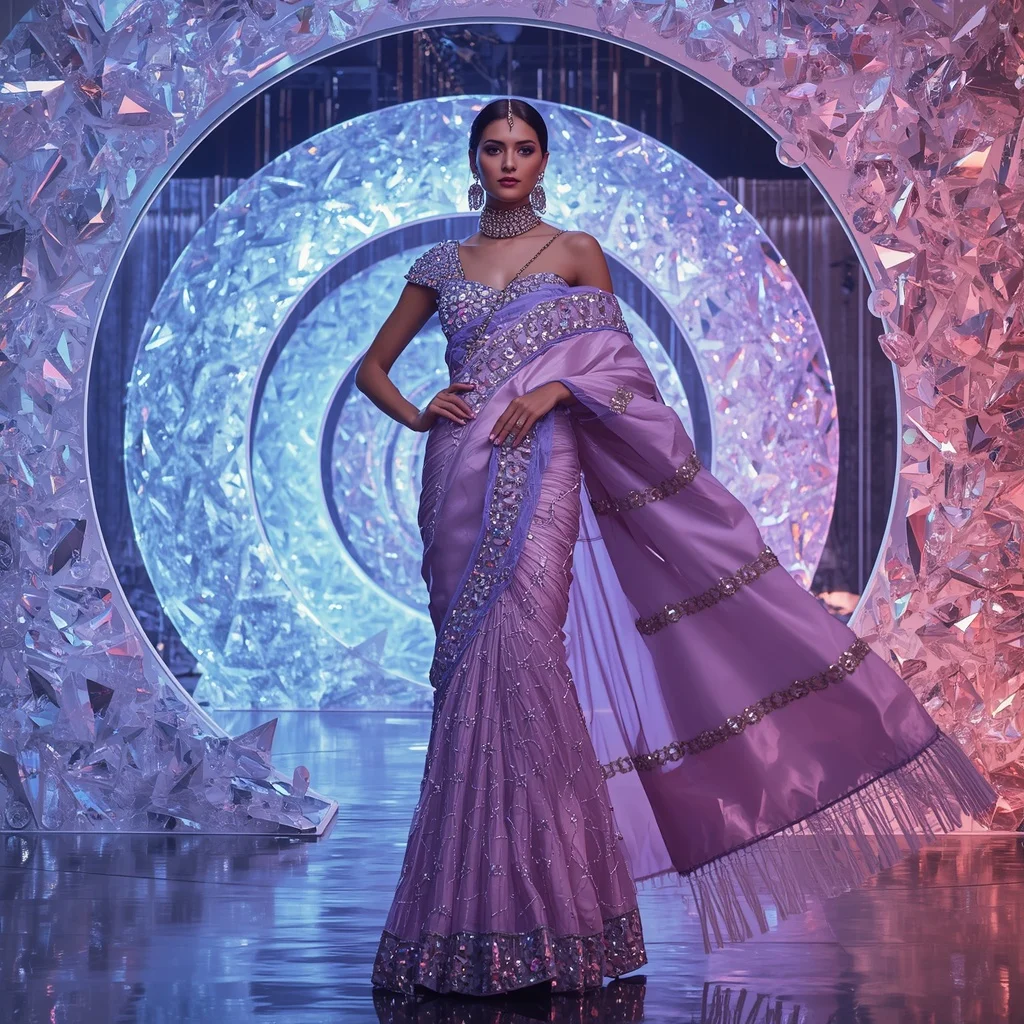 Diamond Aurora Inferno Saree with Holographic Spiral Crystal Citadel | Prompt AI For Girl