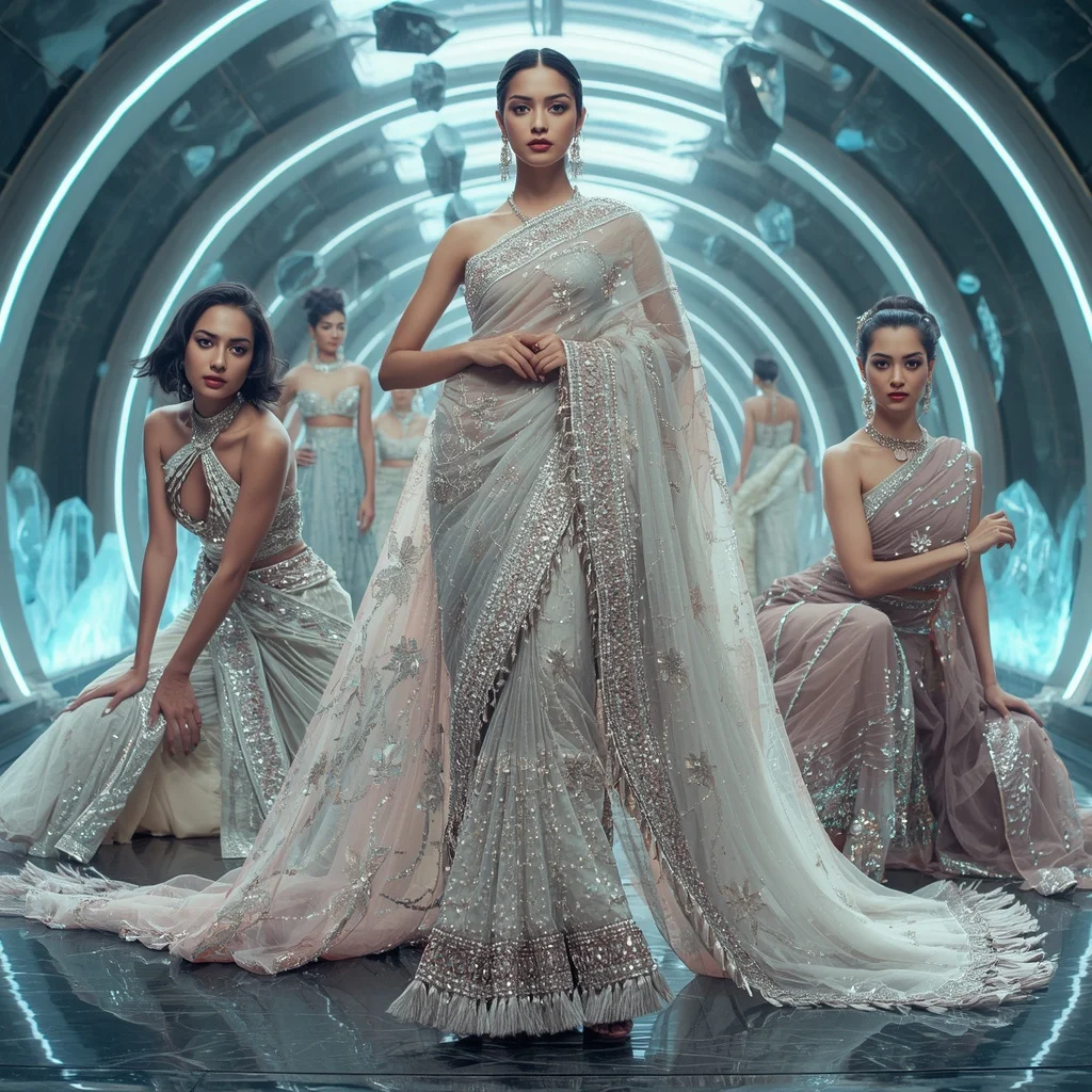 Diamond Aurora Majesty Saree with Floating Crystal Infinity Sanctuaries | Trending Prompt Girls ChatGPT