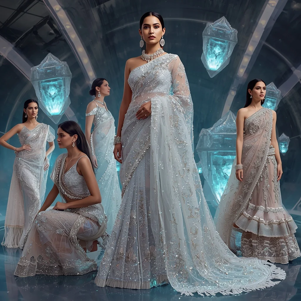 Diamond Aurora Majesty Saree with Floating Crystal Infinity Temples | Ai Image Generator Prompt