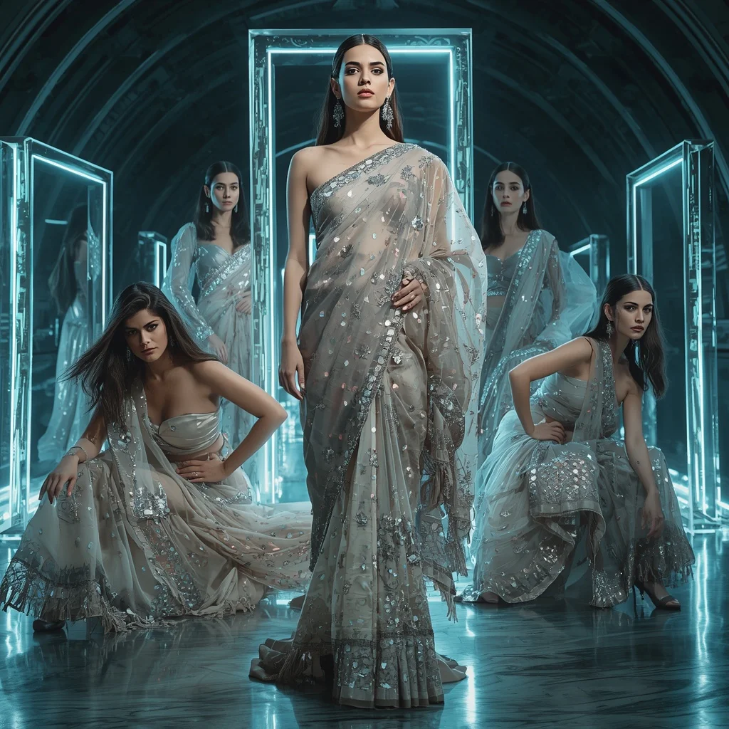 Diamond Aurora Metallic Saree with Floating Crystal Frames | Cinematic Ai Prompt