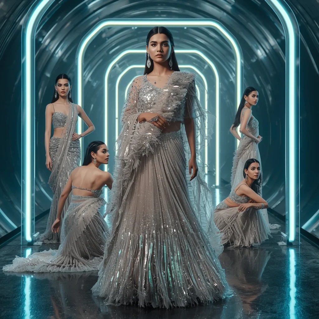 Diamond Aurora Royale Saree with Floating Crystal Frames | Midjourney Prompt List