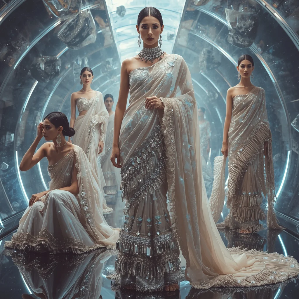 Diamond Aurora Royale Saree with Floating Crystal Galaxy Corridor | Instagram Reel Ai Prompt