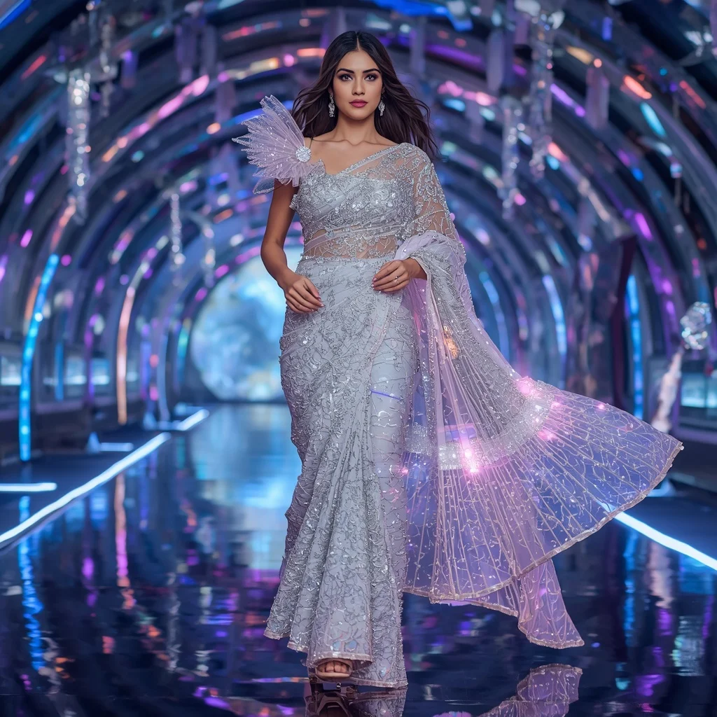 Diamond Aurora Wave Saree with Floating Crystal Tunnels and Infinity Light Harbor | Prompt Seen Girl Photo Editing Chatgpt Aesthetic