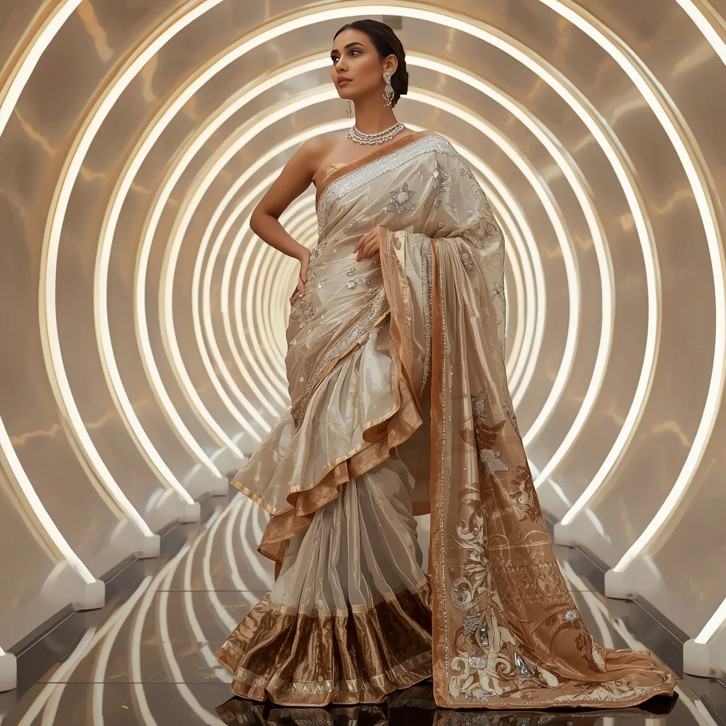 Diamond Flame Quantum Saree with Curved Neon Solar Corridors | Influencers Ai Prompt