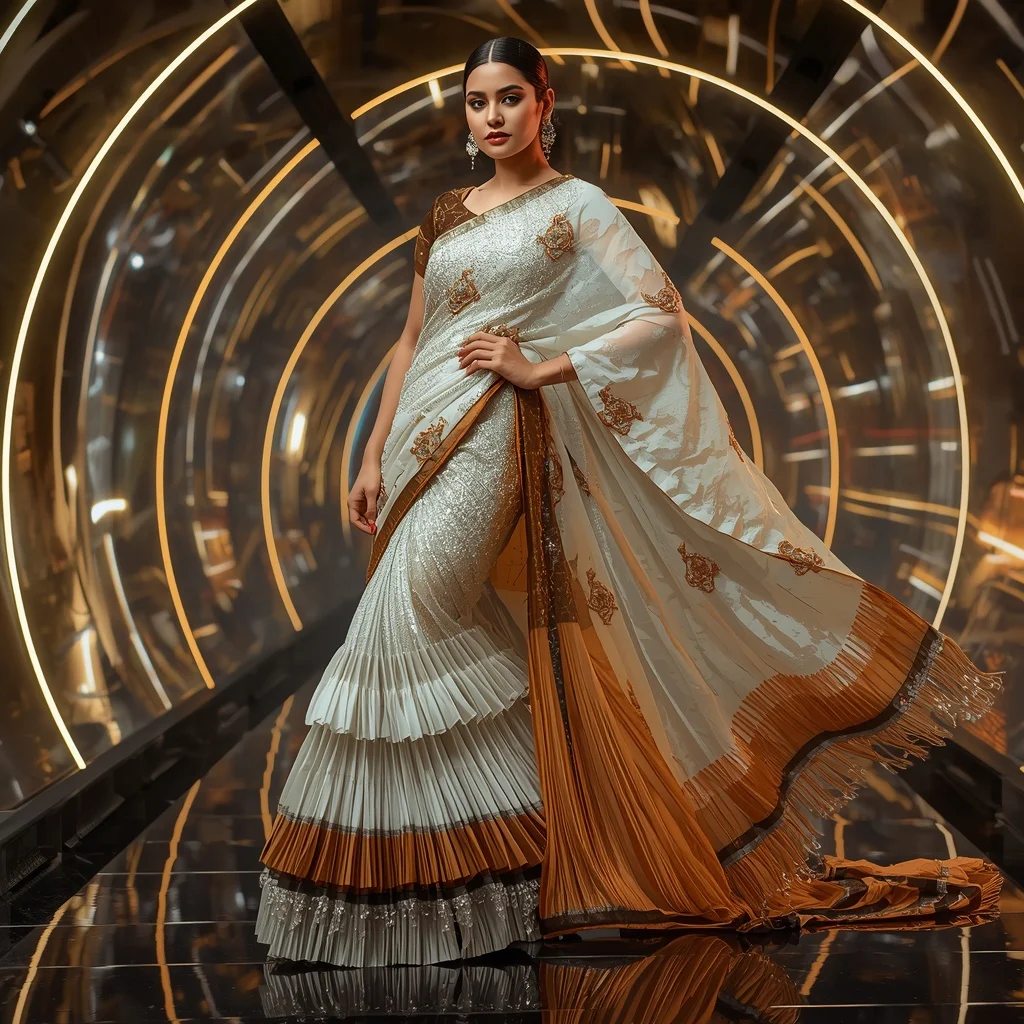 Diamond Flame Quantum Saree with Curved Neon Solar Universes | Pre Wedding Ai Prompt
