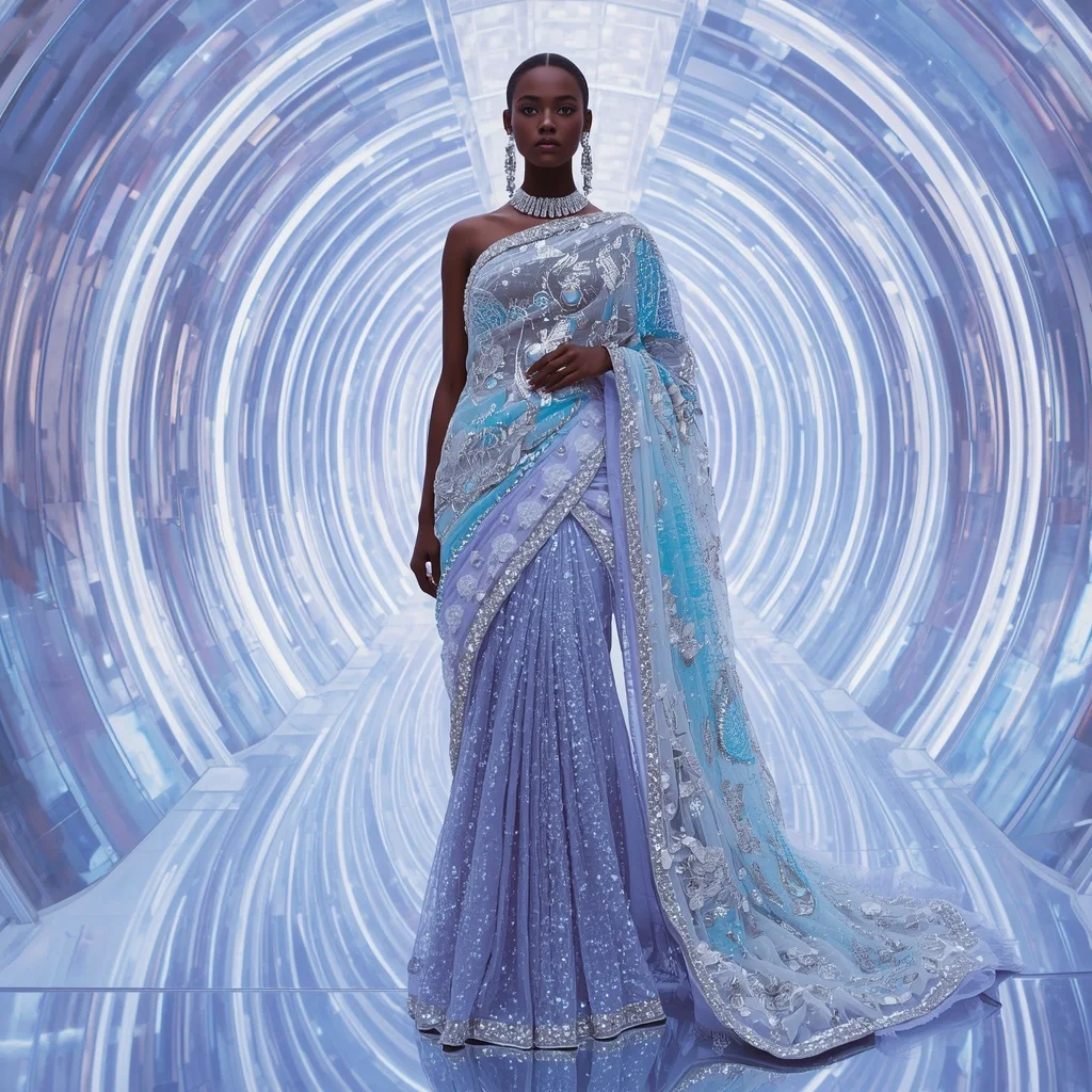 Diamond Ice Celestial Hyperverse Saree with One Thousand Fashion Poses and Holographic Aurora Eternal Hypercosmos | Hd Image Prompt