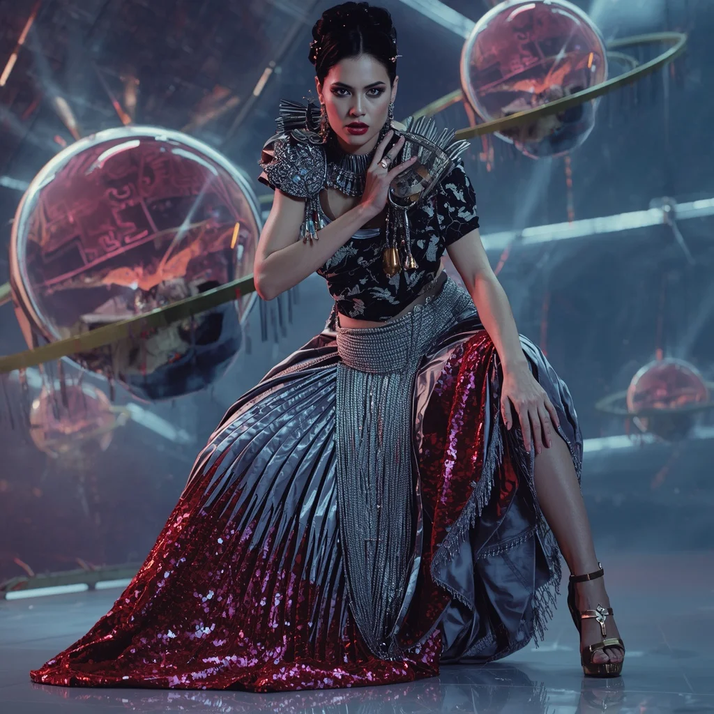 Diamond Inferno Fantasy Saree with Floating Orbit Reflection Dome | Editing Prompt Girl