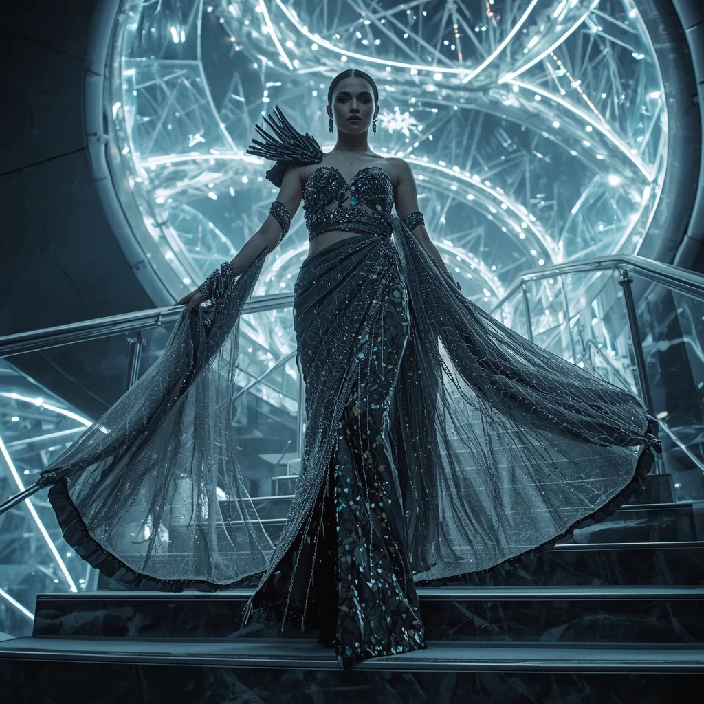 Diamond Meteor Spiral Fracture Infinity Armor Saree with Floating Crystal Collapse Nexus Stair Temple | Ai Photo Editing Prompt