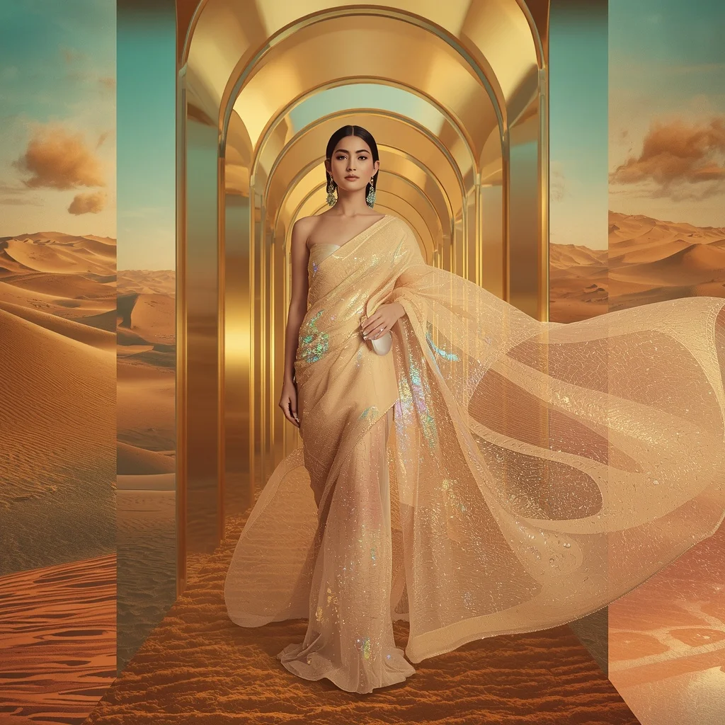 Diamond Sand Mirage Saree with Shifting Desert Reality | Banana Prompts Girls