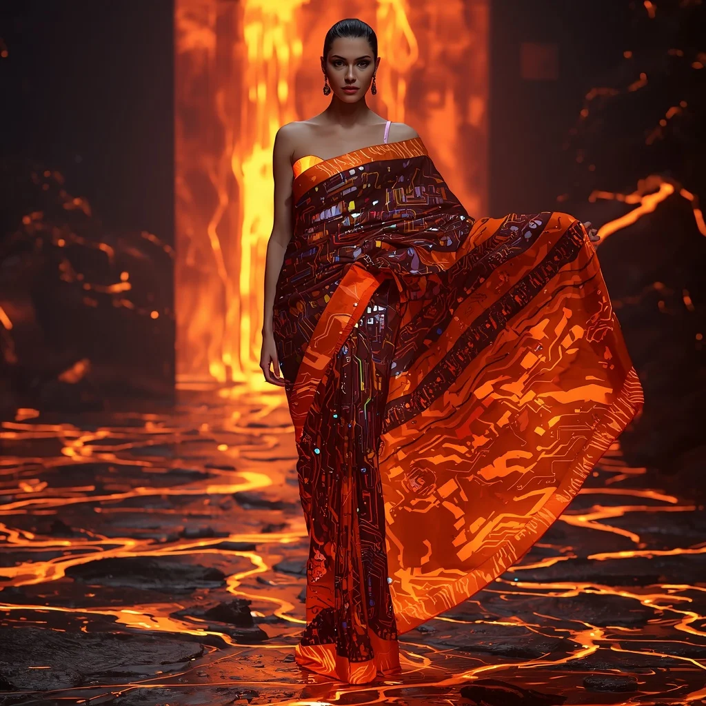 Digital Lava Flow Saree with Molten Data Streams | Anime Ai Prompt