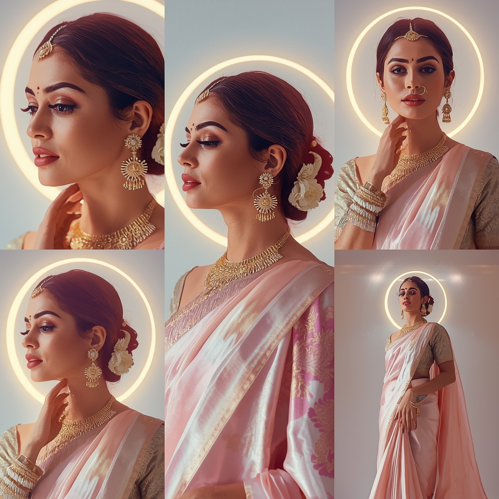 Divine Pulse Halo Drift Pastel Saree Indian Woman Luxury Composition | Saree Profile Pic Ai Prompt